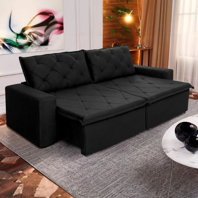 Sofá Cama Bangkok Sem Caixa 2,70m Retrátil E Reclinável Com Molas Velut Preto- King House - king
