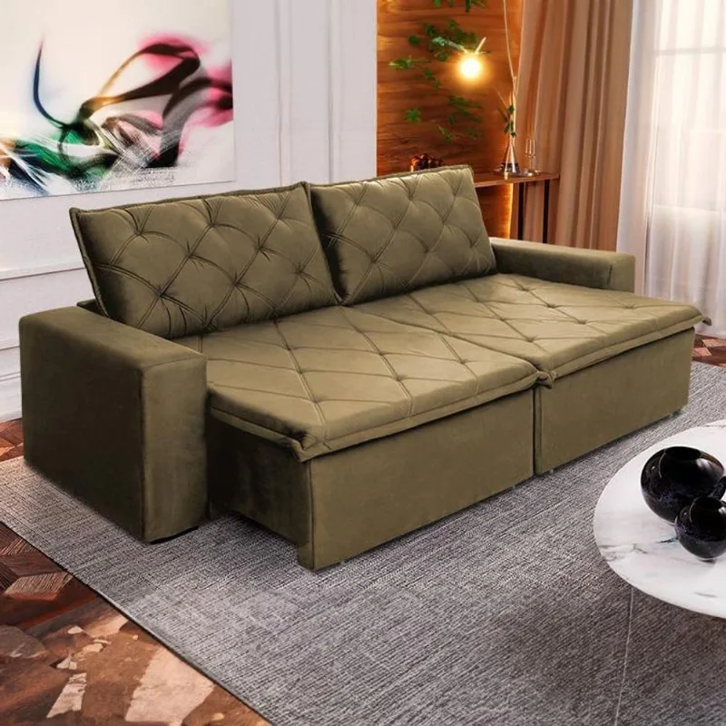 Sofá Cama Bangkok Sem Caixa 2,70m Retrátil E Reclinável Com Molas Velut Bege- King House - king