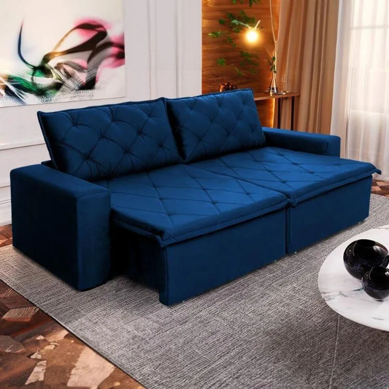 Sofá Cama Bangkok Sem Caixa 2,70m Retrátil E Reclinável Com Molas Velut Azul- King House - king