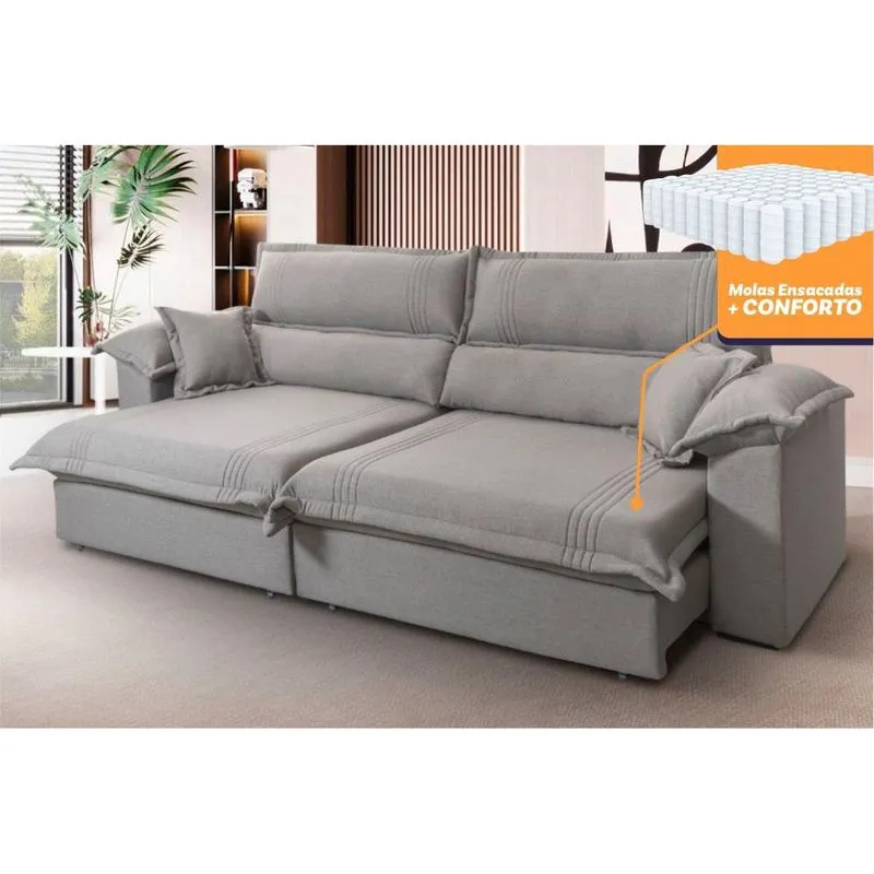 Sofá Retrátil Reclinável 2,30m Nivus Cinza c/ Molas Ensacadas - King House