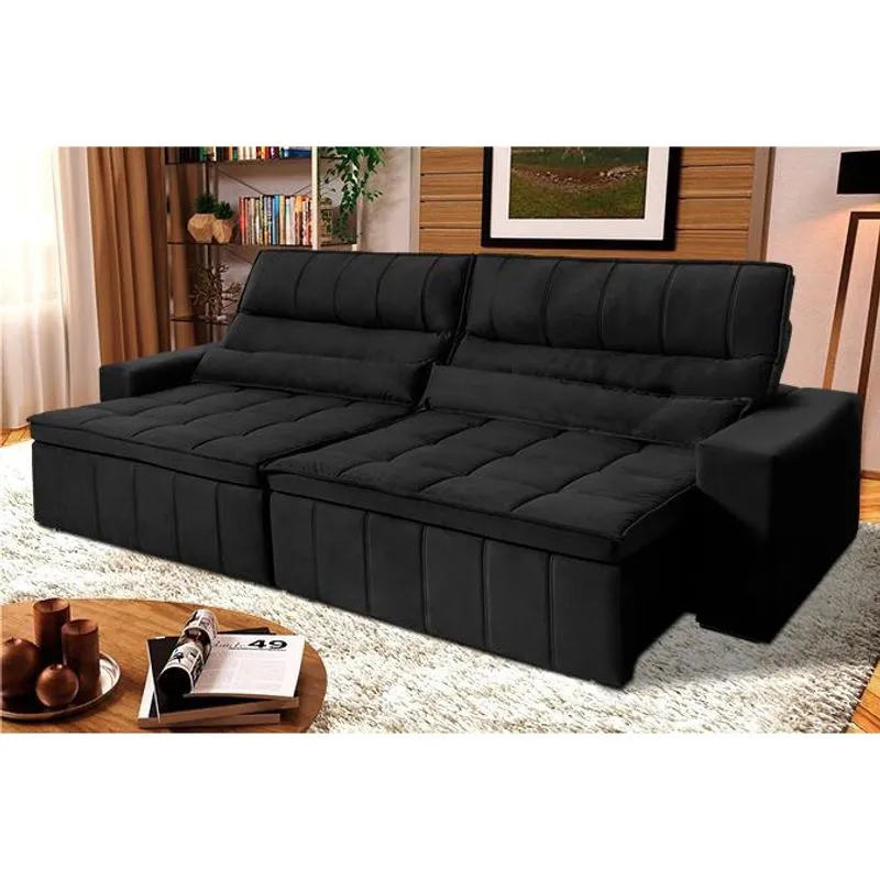 Sofá Retrátil Reclinável Supremo 2,10m Suede Velut Preto Molas no Assento - King House