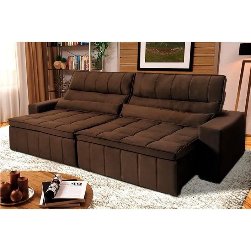 Sofá Retrátil Reclinável Supremo 3,00m Suede Velut Marrom Molas no Assento - King House
