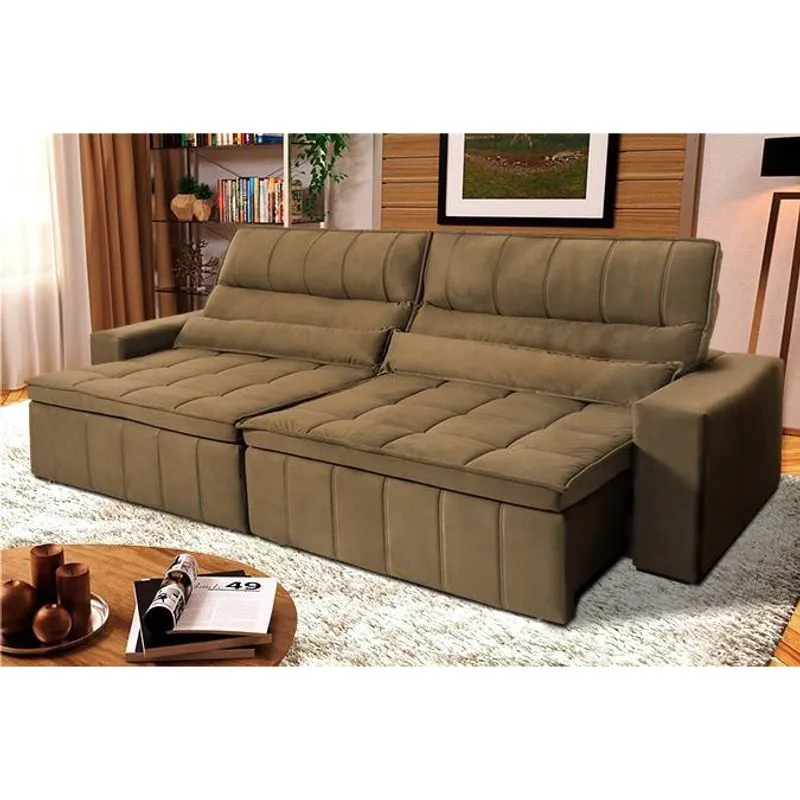 Sofá Retrátil Reclinável Supremo 3,00m Suede Velut Bege Molas no Assento - King House