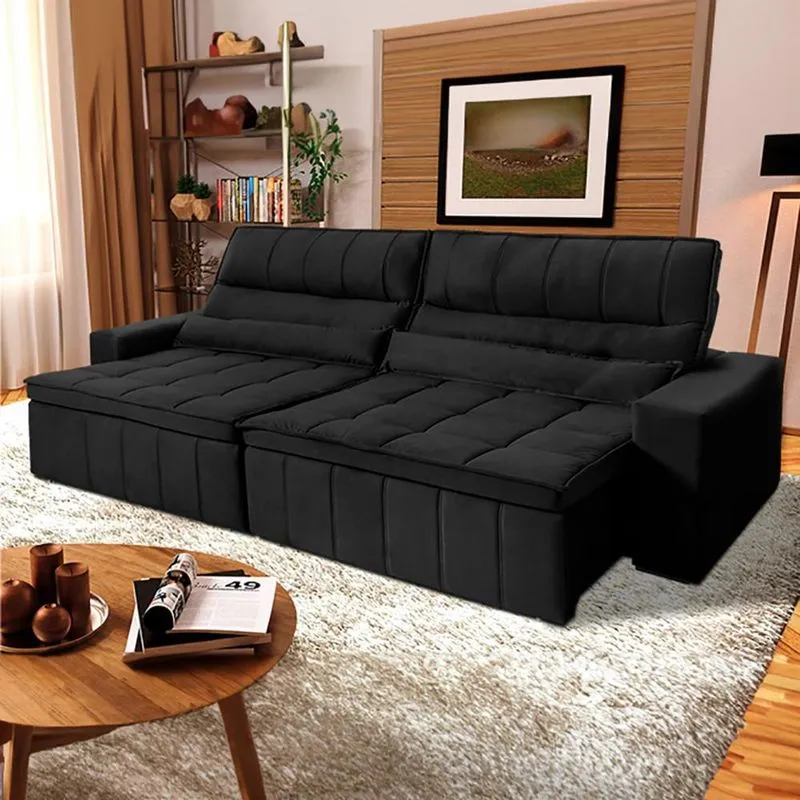 Sofá Retrátil Reclinável Supremo 2,70m Suede Velut Preto Molas no Assento - King House