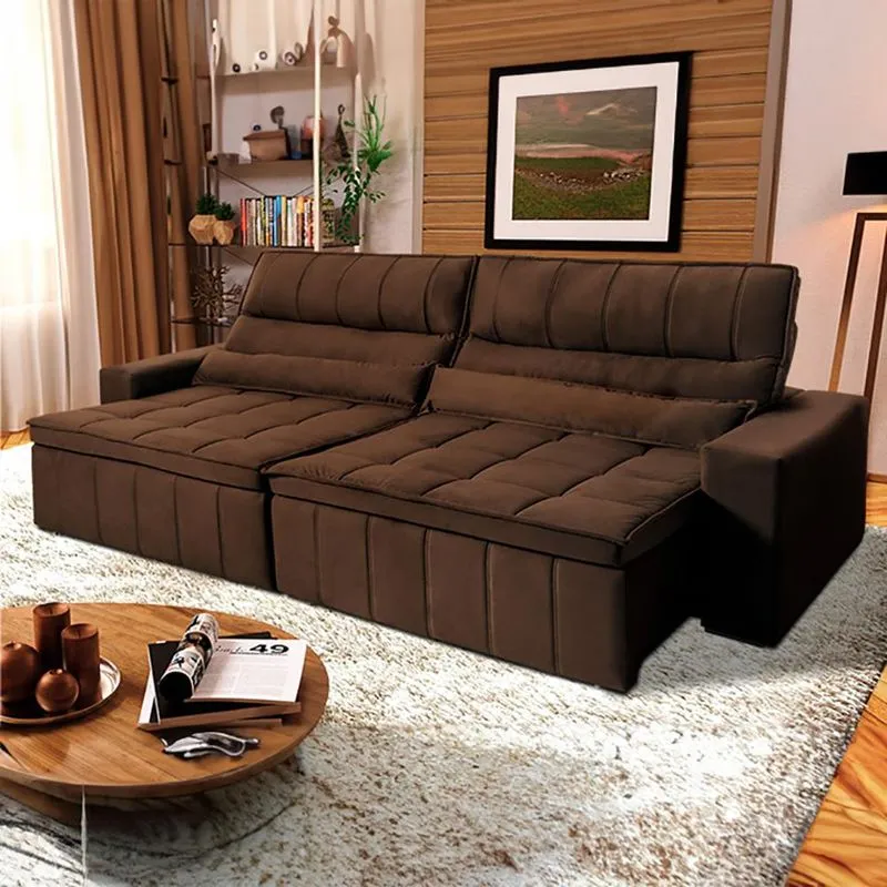 Sofá Retrátil Reclinável Supremo 2,70m Suede Velut Marrom Molas no Assento - King House