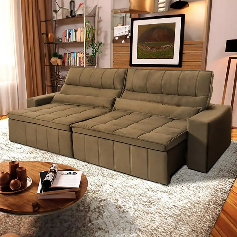 Sofá Retrátil Reclinável Supremo 2,30m Suede Velut Bege Molas no Assento - King House