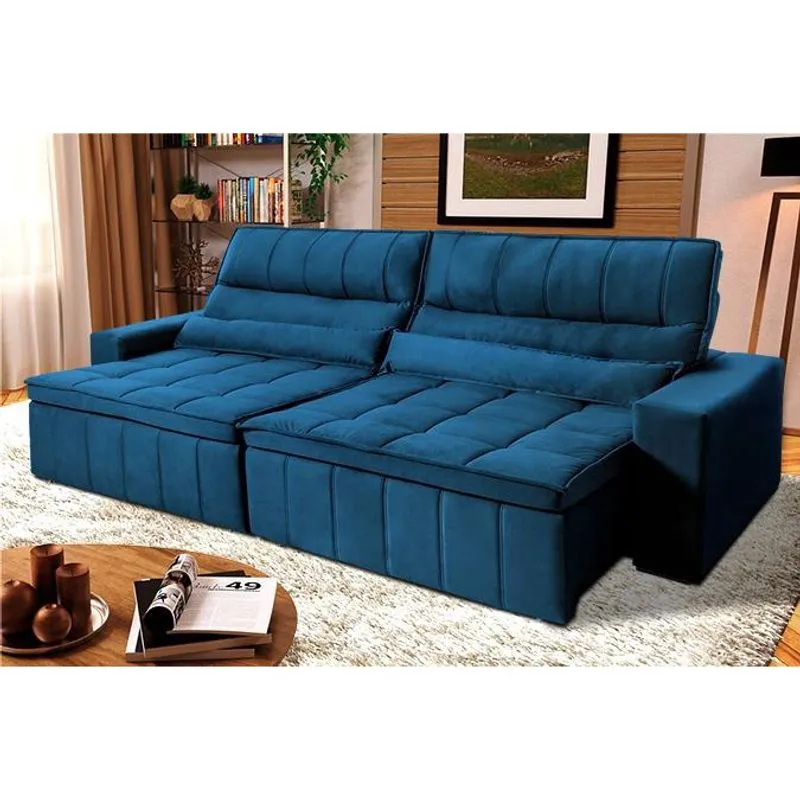 Sofá Retrátil Reclinável Supremo 2,30m Suede Velut Azul Marinho Molas no Assento - King House