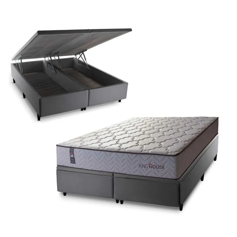 Conjunto Box Baú Cinza Magnético King Soft Relax Bege 193x203x70