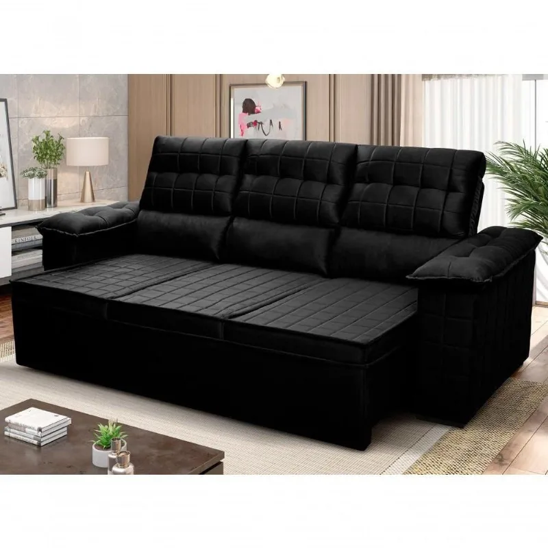 Sofá Retrátil Reclinável 4 Lugares Com Molas 2,30m Quantum Suede Velut Preto - King House - king