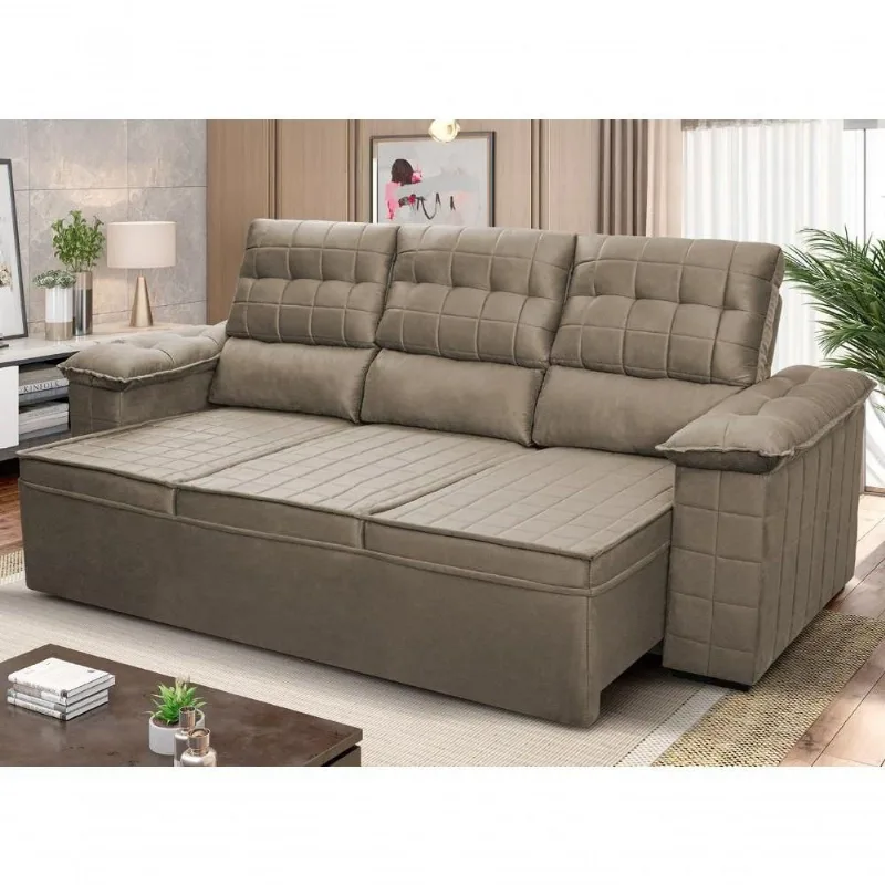 Sofá Retrátil Reclinável 4 Lugares Com Molas 2,30m Quantum Suede Velut Marrom Claro - King House - king