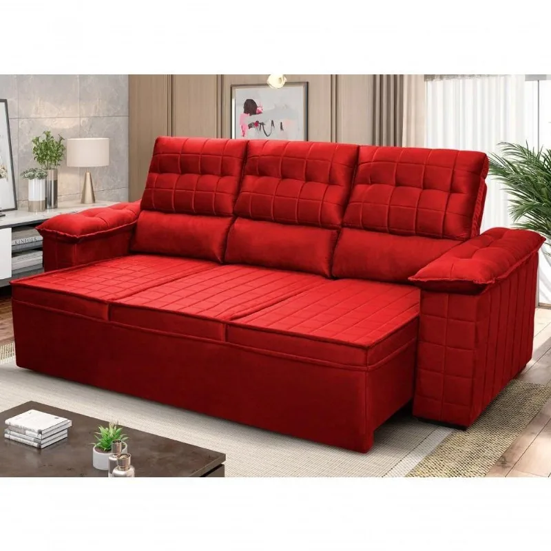 Sofá Retrátil Reclinável 4 Lugares Com Molas 2,30m Quantum Suede Velut Vermelho - King House - king