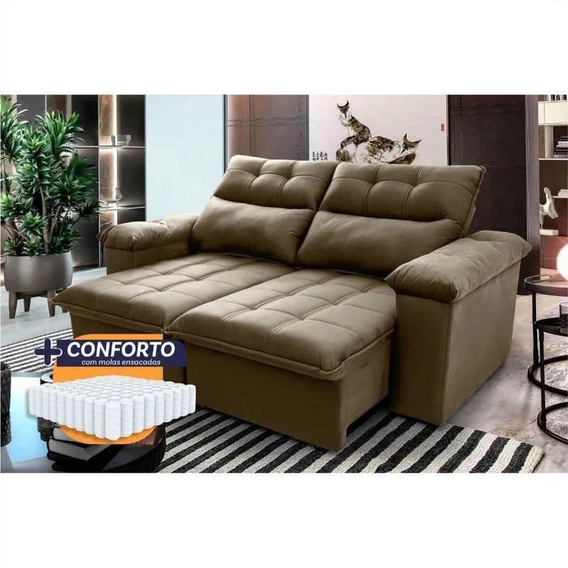 Sofá Retrátil Reclinável Verona 2,00m Suede Velut Bege Molas Ensacadas King House