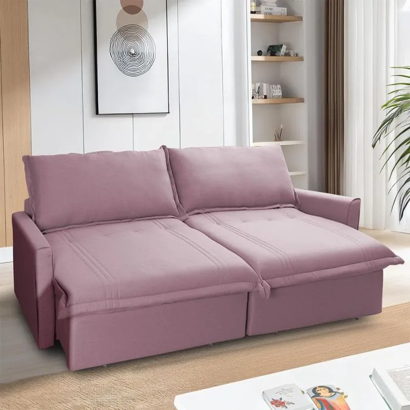 Sofá Cama Baú Ravello Sem Caixa 2,26m Linho Rose 3 Lugares