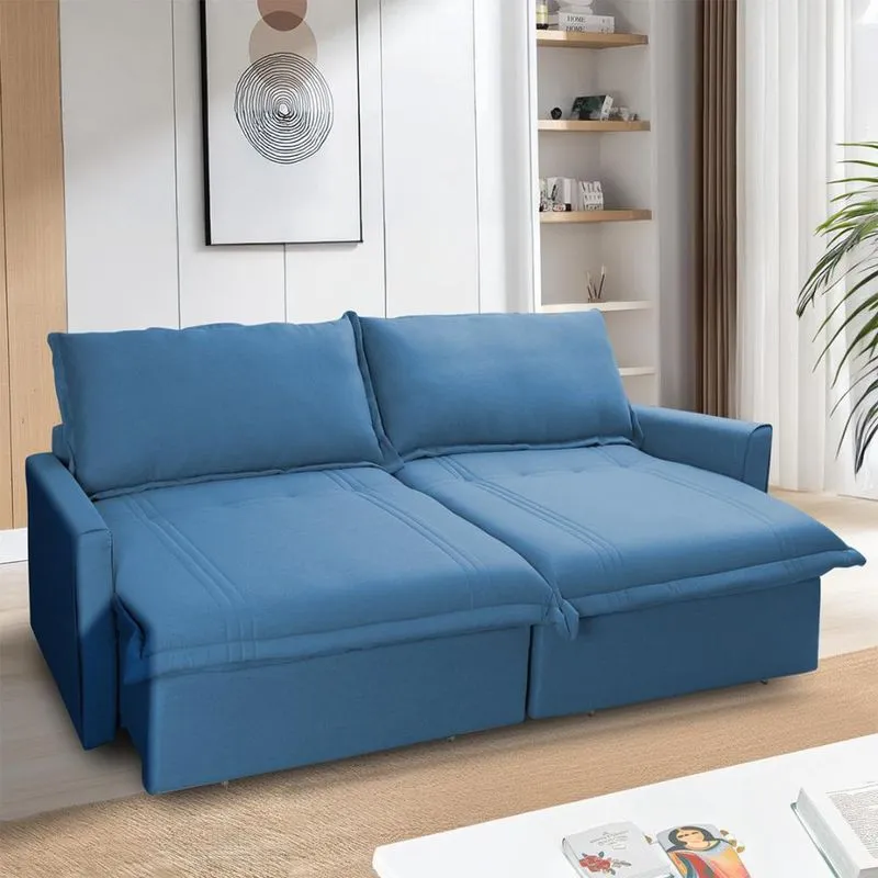 Sofá Cama Baú Ravello Sem Caixa 2,26m Linho Azul 3 Lugares