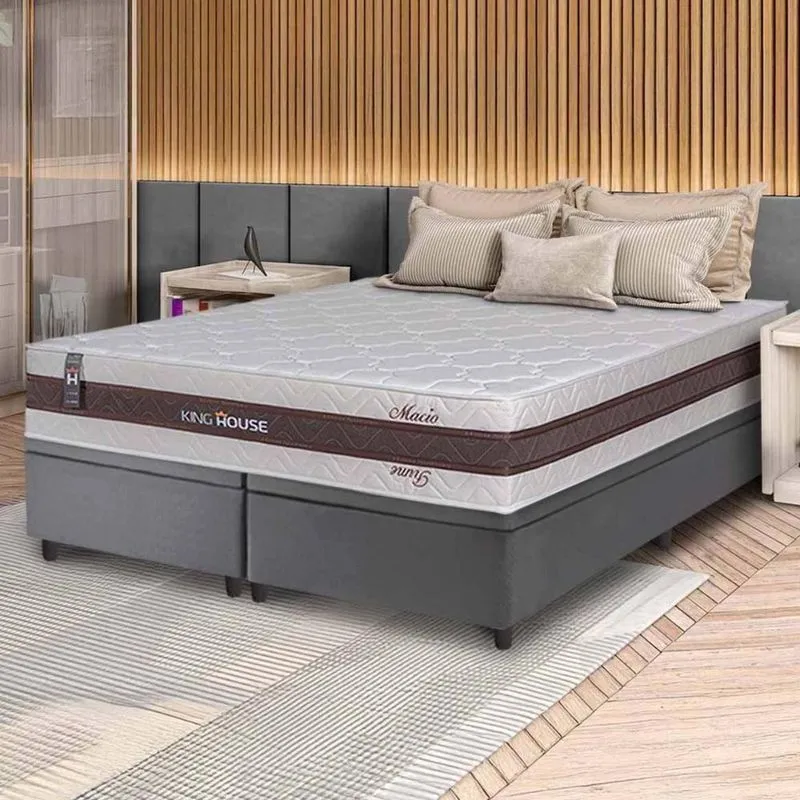 Conjunto Box Baú Cinza Mali Bege Molas Ensacadas King 193x203x77 - King House