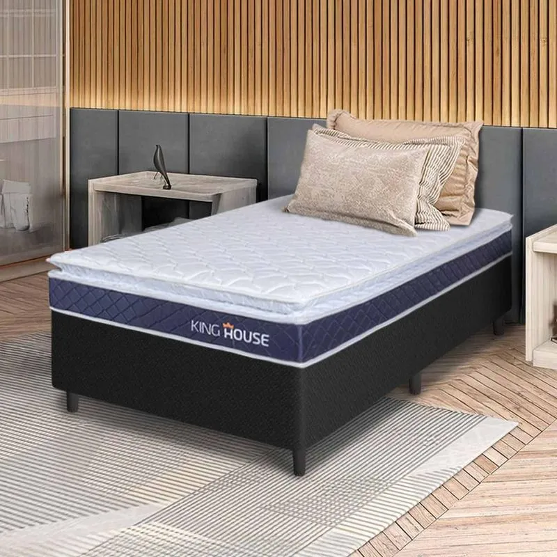 Conjunto Box Preto Durban Azul Espuma D28 Solteiro 96x203x57 - King House