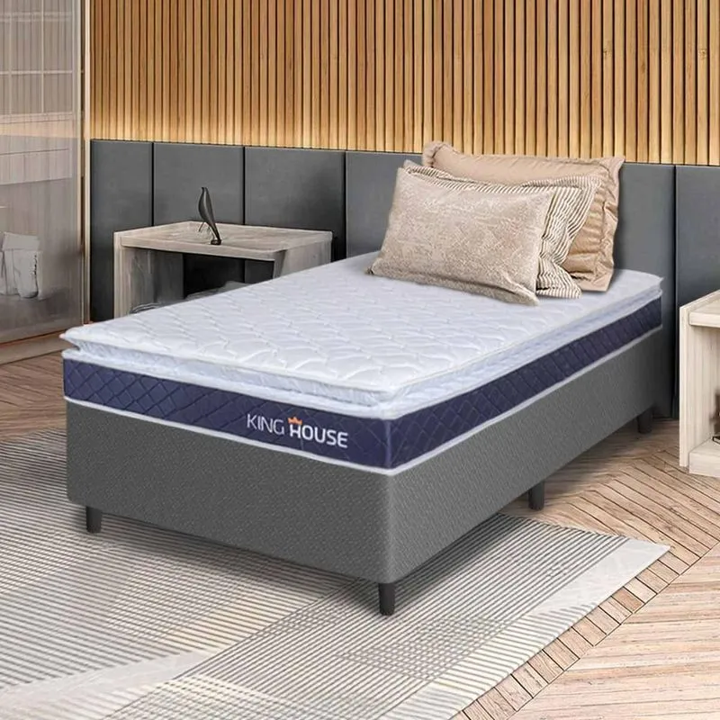 Conjunto Box Cinza Durban Azul Espuma D28 Solteiro 96x203x57 - King House