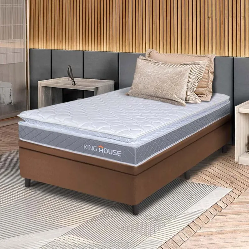 Conjunto Box Baú Marrom Durban Cinza Espuma D28 Solteiro 96x203x64 - King House