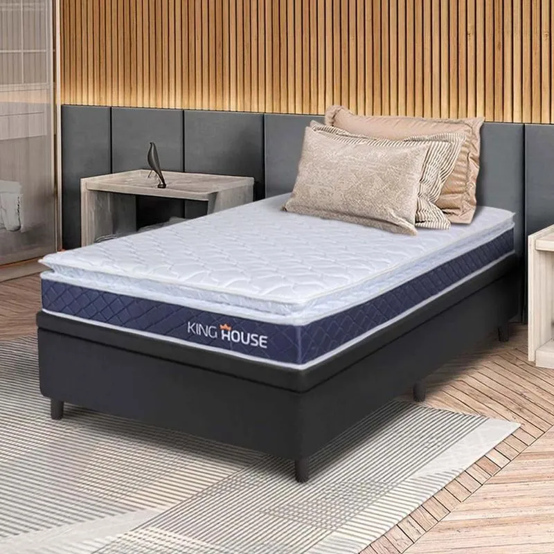 Conjunto Box Baú Preto Durban Azul Espuma D28 Solteiro 96x203x64 - King House