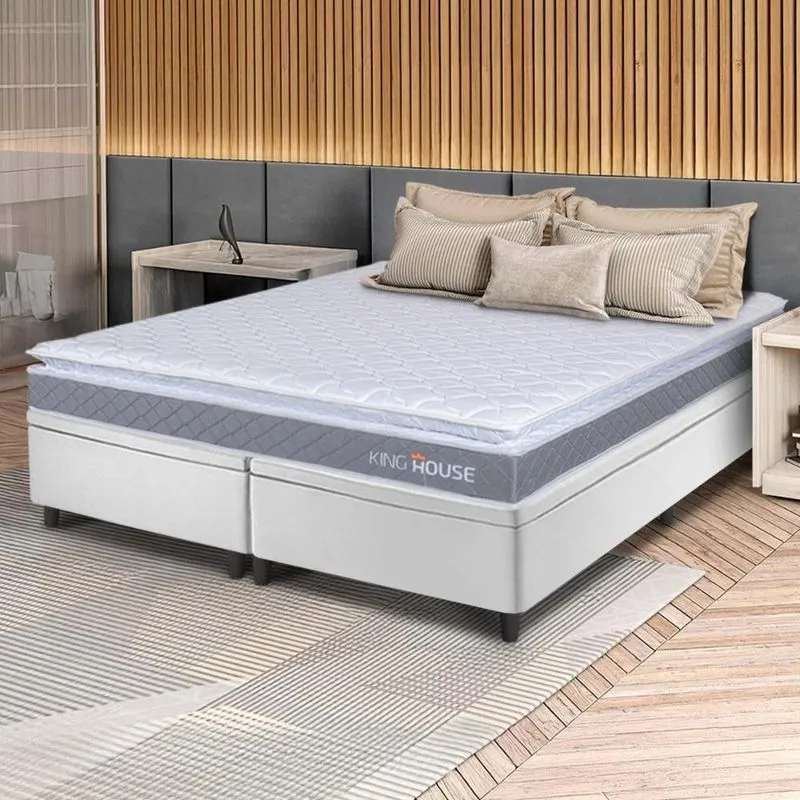 Conjunto Box Baú Branco Durban Cinza Espuma D28 King 193x203x64 - King House