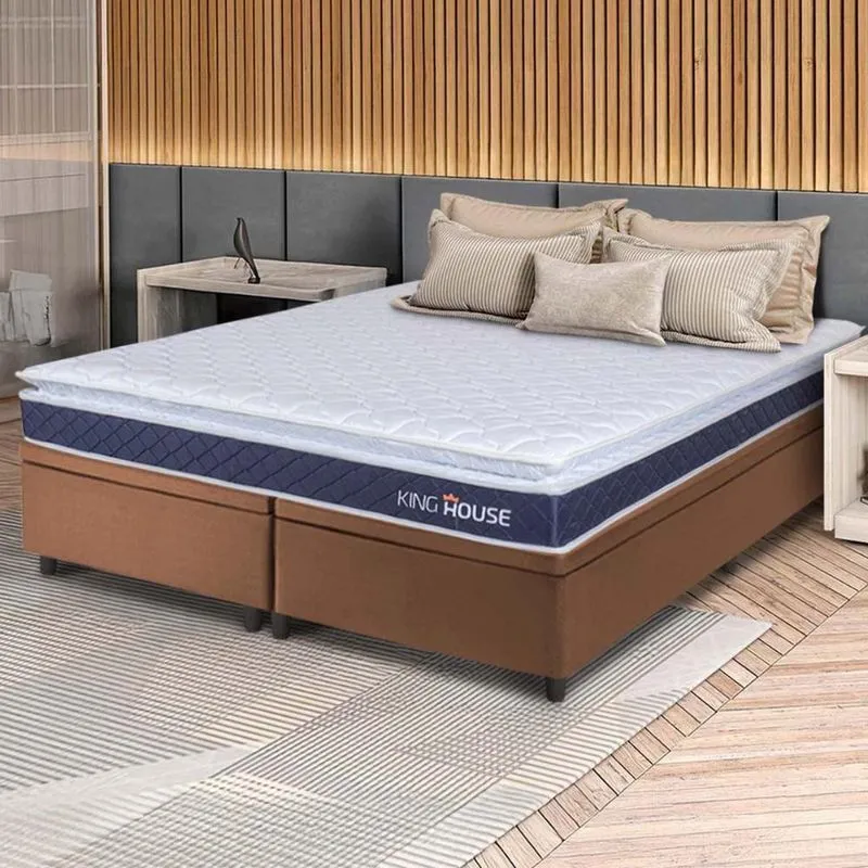 Conjunto Box Baú Marrom Durban Azul Espuma D28 King 193x203x64 - King House