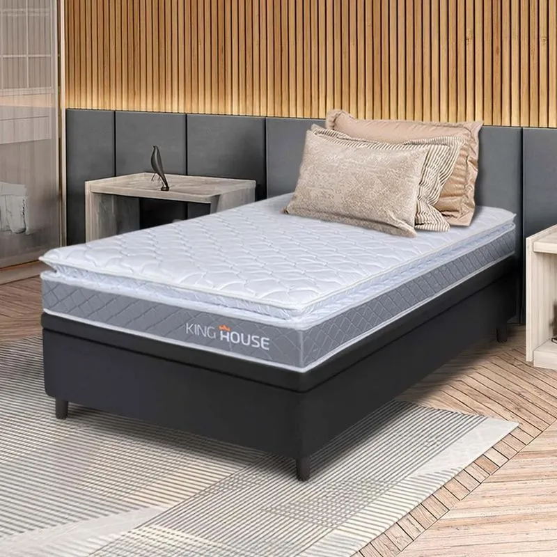 Conjunto Box Baú Preto Durban Cinza Espuma D28 Solteiro 88x188x64 - King House