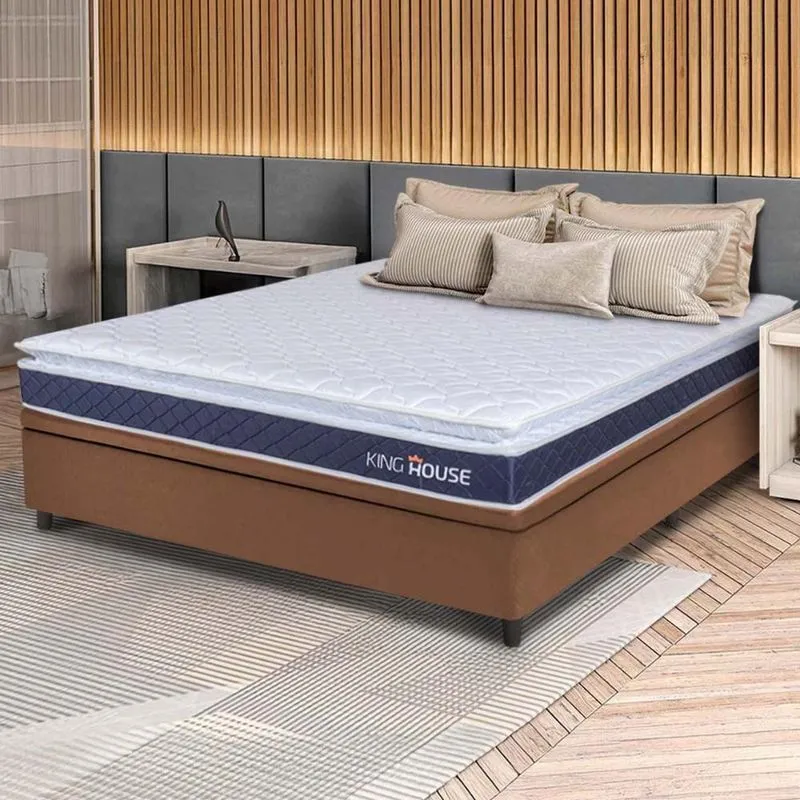 Conjunto Box Baú Marrom Durban Azul Espuma D28 Casal 138x188x64 - King House