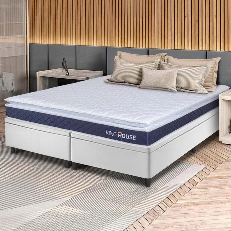 Conjunto Box Baú Branco Durban Azul Espuma D28 Queen 158x198x64 - King House