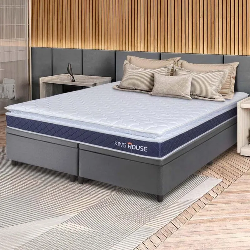Conjunto Box Baú Cinza Durban Azul Espuma D28 Queen 158x198x64 - King House