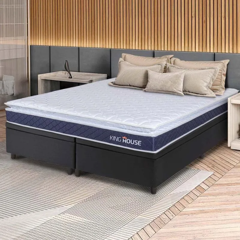 Conjunto Box Baú Preto Durban Azul Espuma D28 Queen 158x198x64 - King House