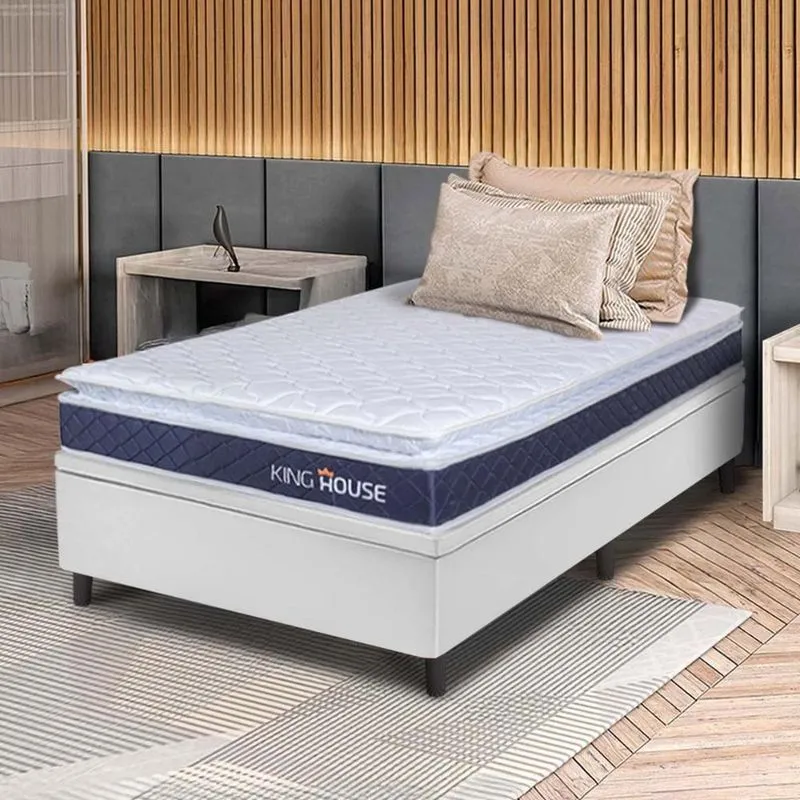 Conjunto Box Baú Branco Durban Azul Espuma D28 Solteiro 96x203x64 - King House