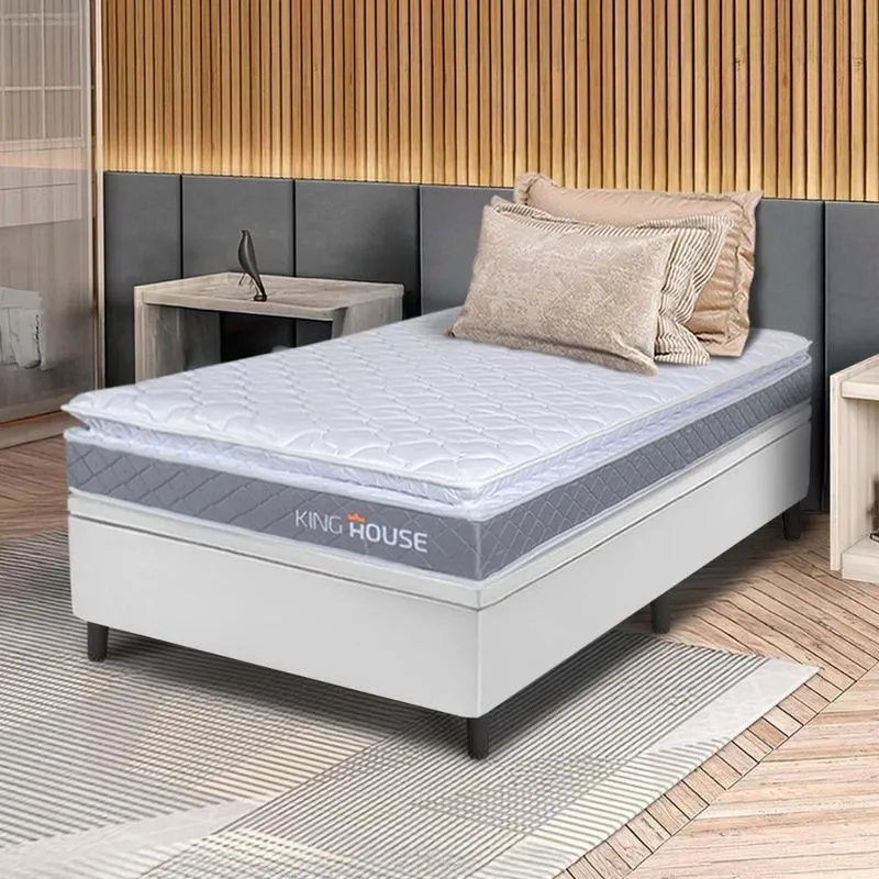 Conjunto Box Baú Branco Durban Cinza Espuma D28 Solteiro 96x203x64 - King House
