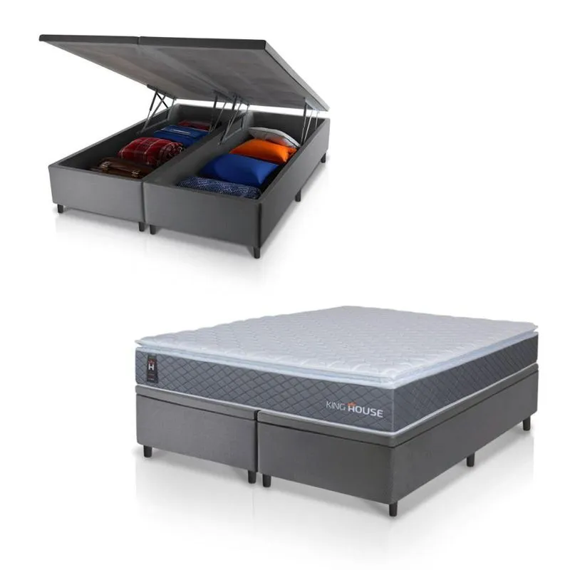 Conjunto Box Baú Cinza Argel Cinza Espuma D33 King 193x203x74 - King House