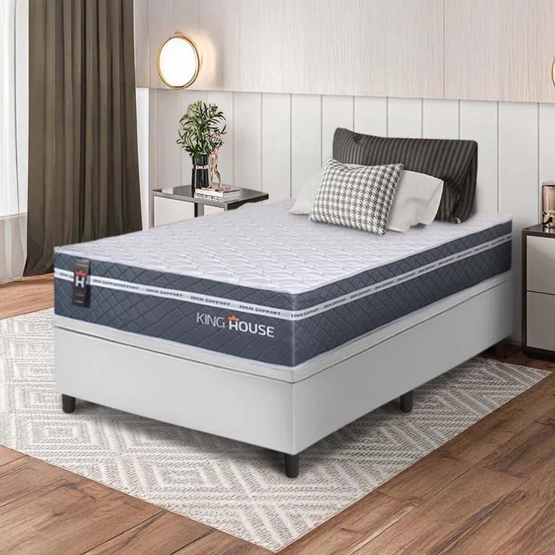 Conjunto Box Baú Branco Cairo Cinza Molas Ensacadas Solteiro 96x203x71 - King House