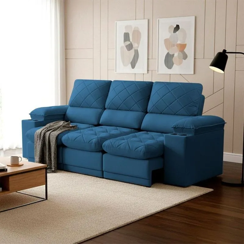 Sofá Veneza 3 Lugares Retrátil E Reclinável 240cm Azul Suede