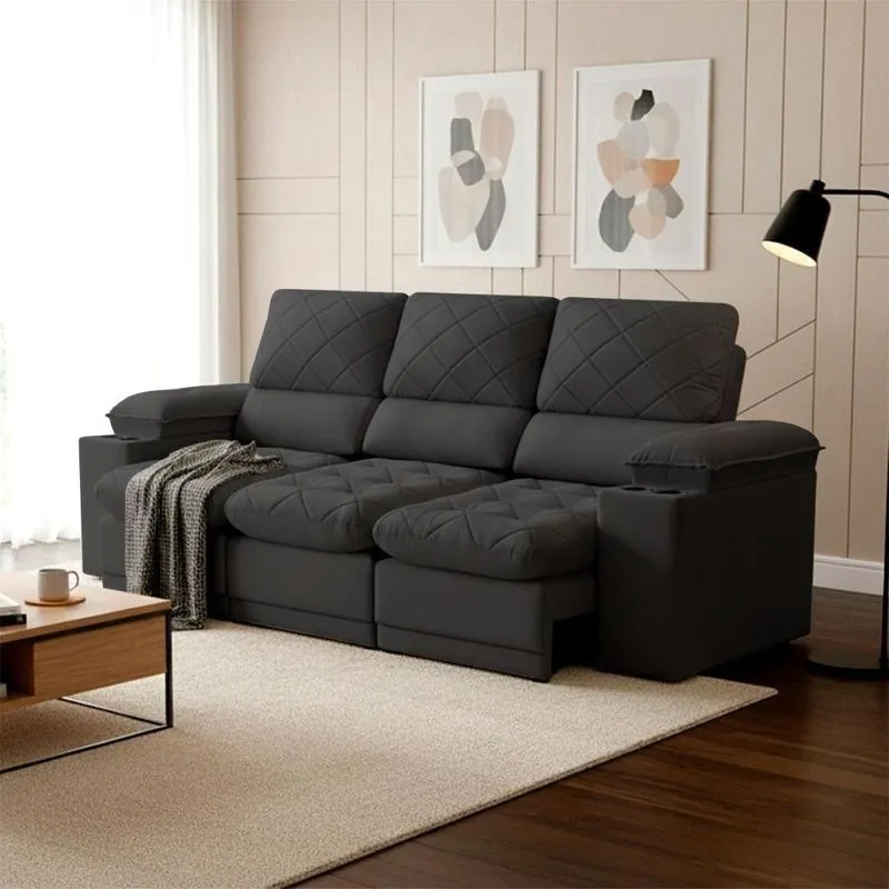 Sofá Veneza 3 Lugares Retrátil e Reclinável 240CM Preto Suede
