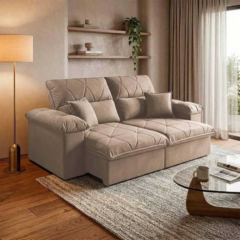 Sofá Retrátil E Reclinável Trento 2 Lugares 150cm Bege Suede Velut King House