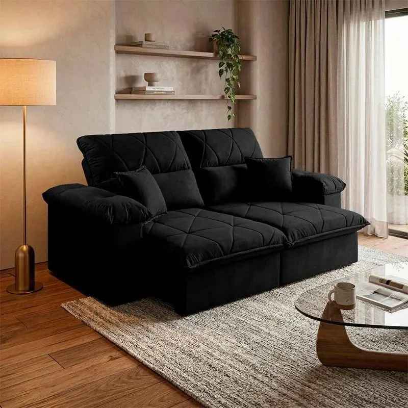 Sofá Trento 2 Lugares Retrátil E Reclinável Preto Suede Velut King House