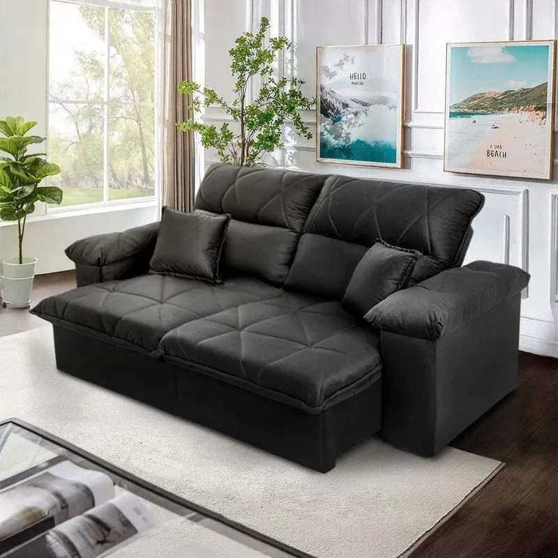 Sofá Retrátil Reclinável Trento 2 Lugares 200cm Suede Velut Preto King House