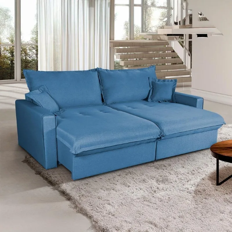 Sofá Cama Lume 4 Lugares Retrátil 230cm Azul Linho Rústico King - king