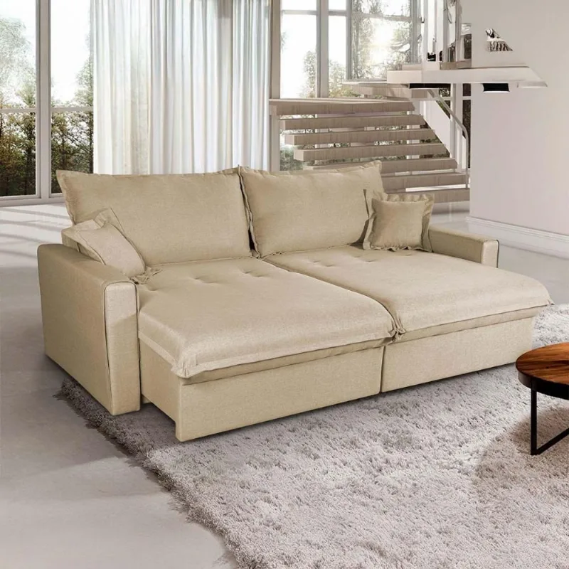 Sofá Cama Lume 5 Lugares Retrátil 280cm Bege Linho King - king