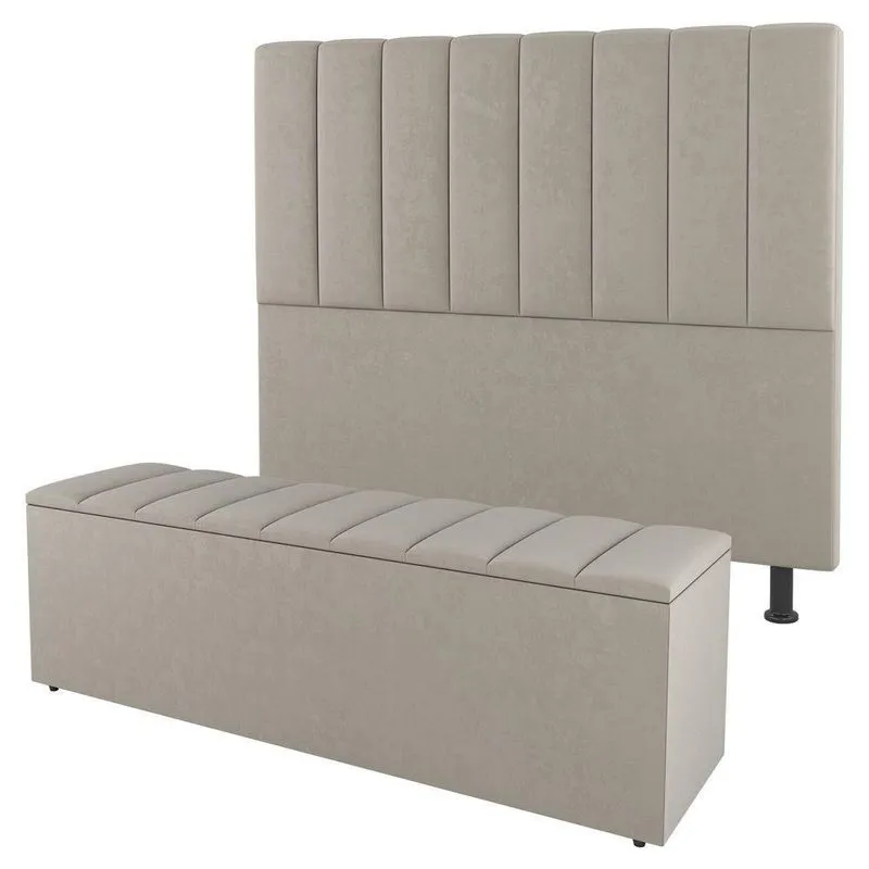 Kit Cabeceira E Baú Cama Box Solteiro Cora 90cm Suede Bege