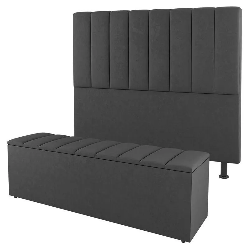 Kit Cabeceira E Baú Cama Box Solteiro 90cm Cinza Escuro