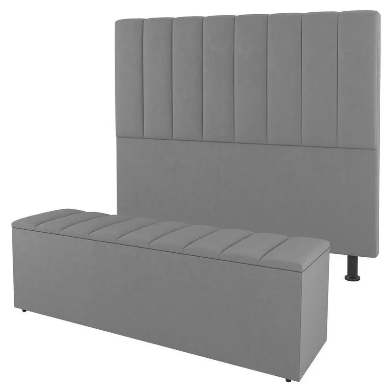 Kit Cabeceira E Baú Cama Box Solteiro 90cm Cinza Claro