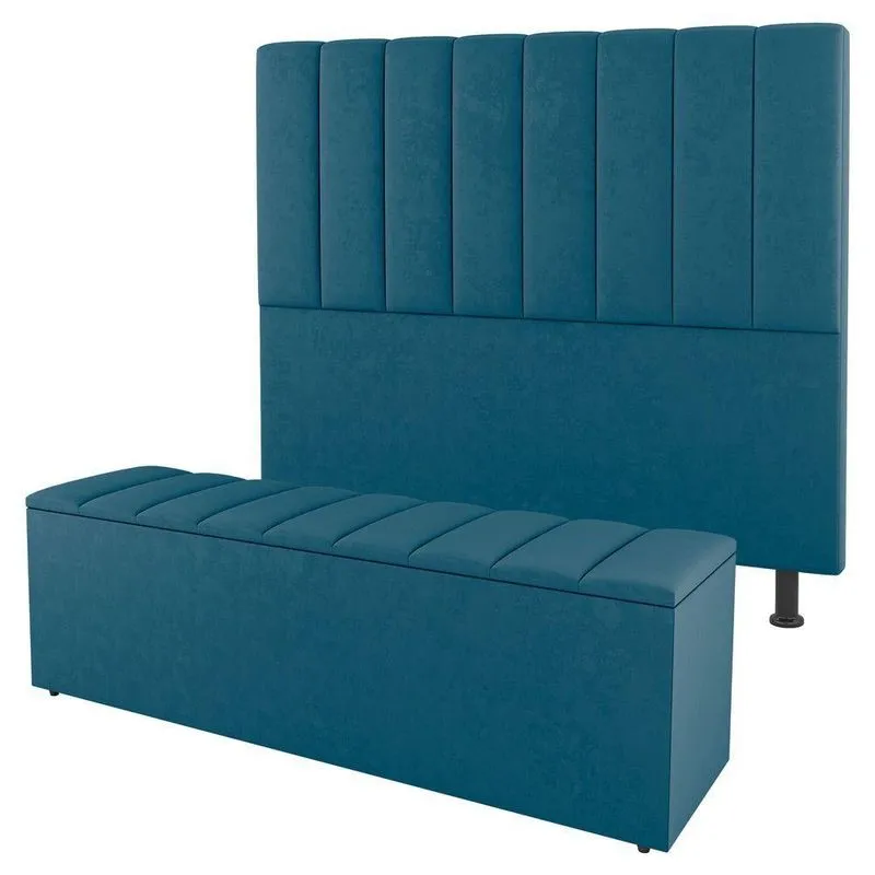 Cabeceira E Baú Cama Box Solteiro Cora 90cm Suede Turquesa