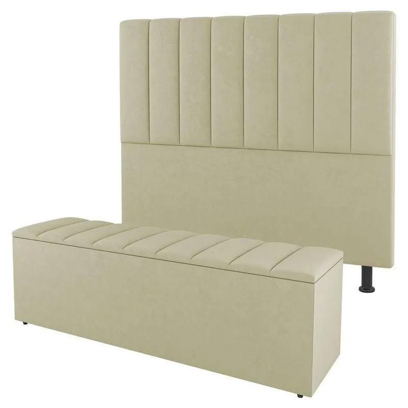 Kit Cabeceira E Baú Cama Box Casal Cora 140cm Sintético Bege