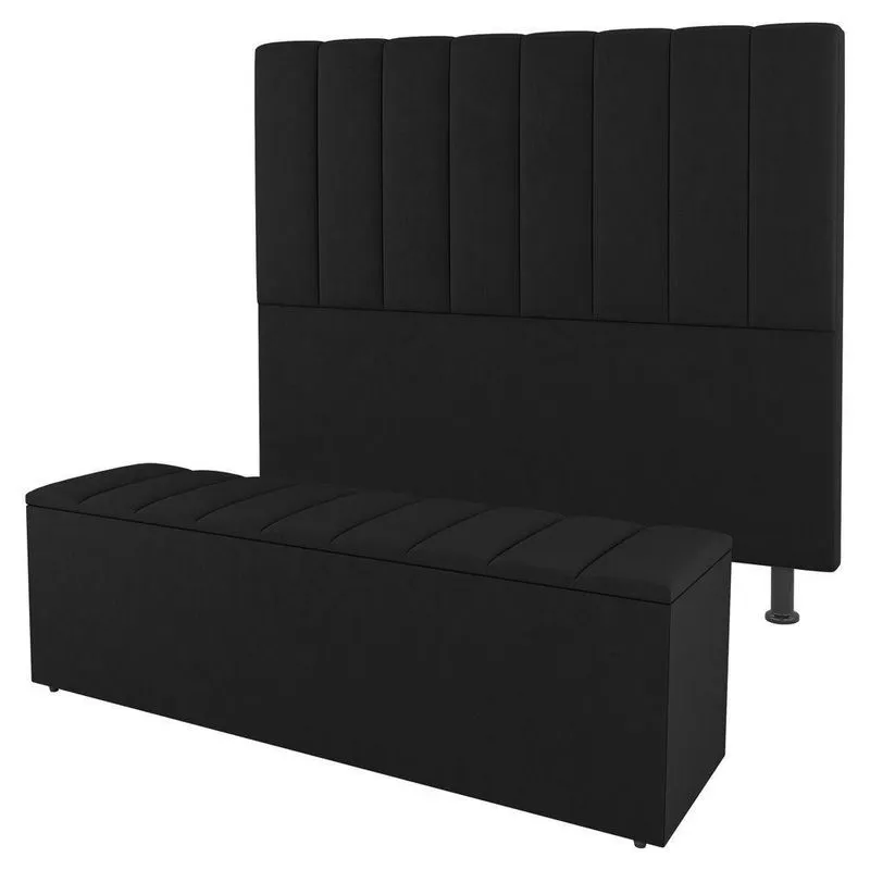 Kit Cabeceira E Baú Cama Box Casal 140cm Sintético Preto