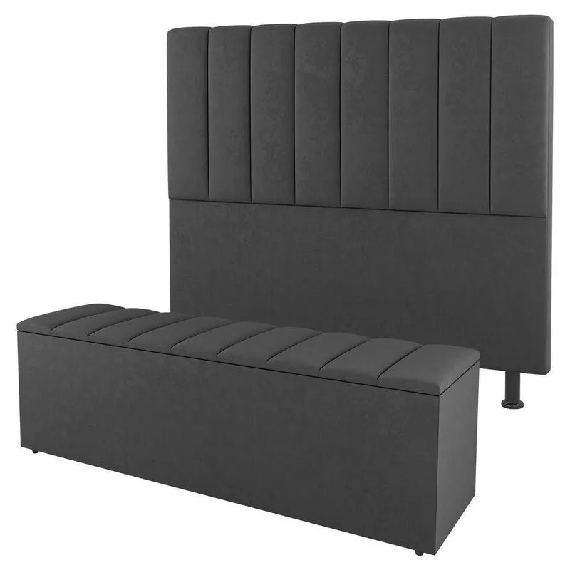 Kit Cabeceira E Baú Cama Box Casal 140Cm Cinza Escuro