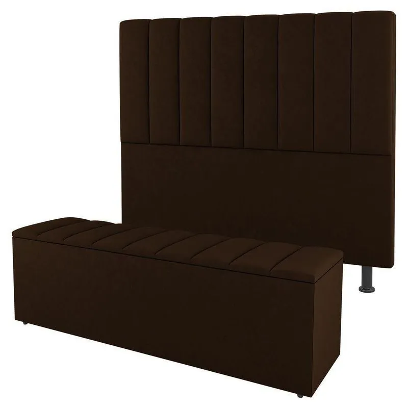 Kit Cabeceira E Baú Cama Box Casal Cora 140cm Suede Marrom