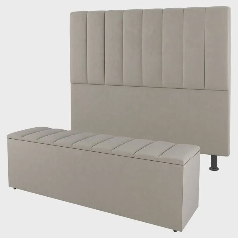 Kit Cabeceira e Baú Cama Box Queen Size Cora 160cm Suede Bege - Desk Design